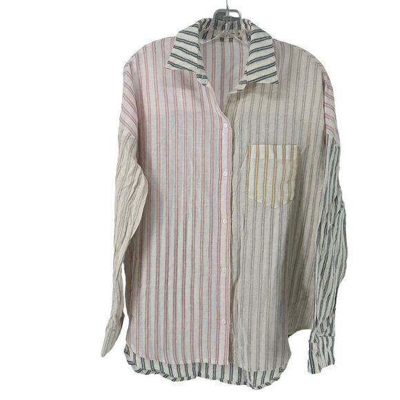 Molly Green Boyfriend Fit Button Up Relaxed Multi Color Striped Size M Preppy - Picture 1 of 8